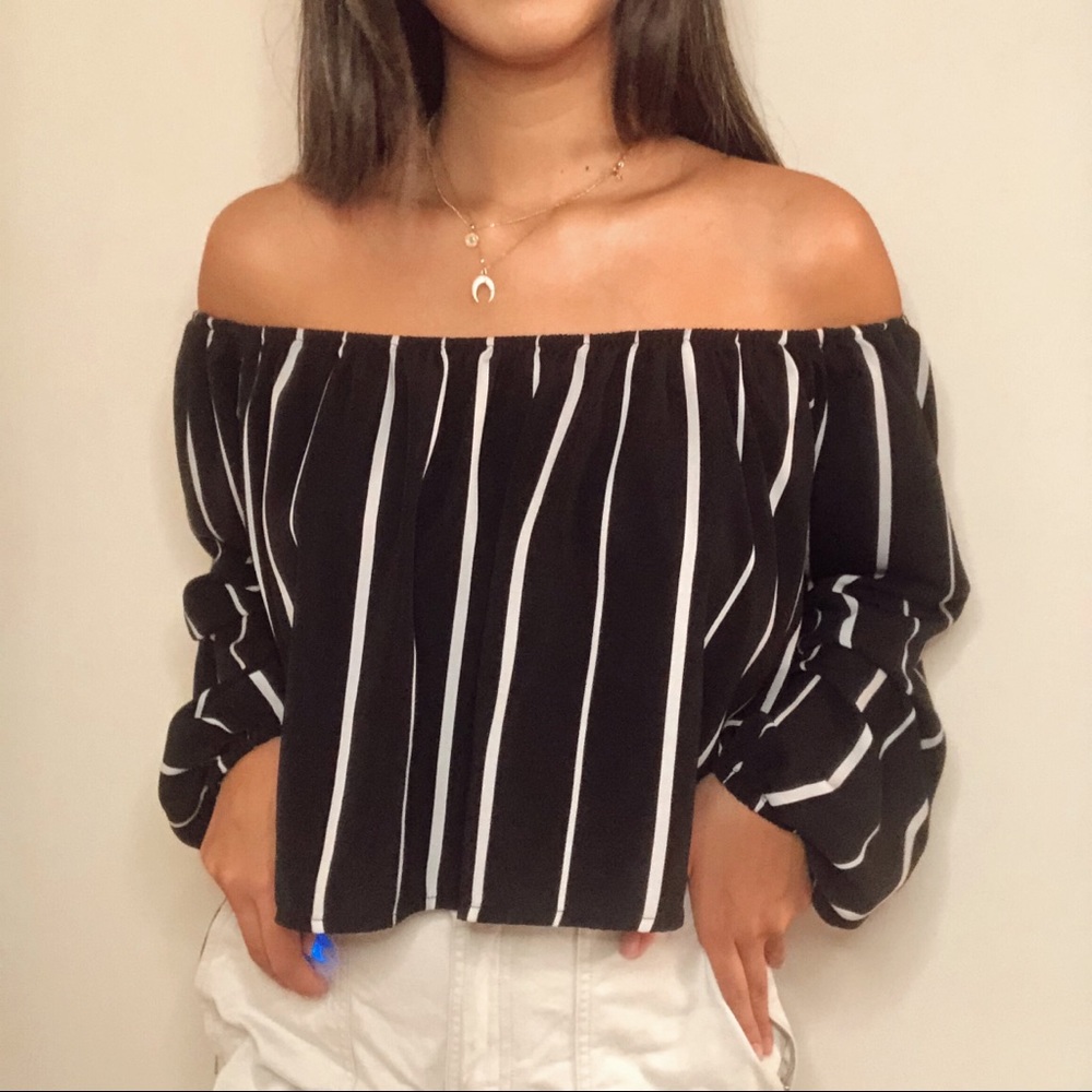 striped off shoulder long sleeve top